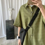 Wiaofellas  -  Korean Style Loose and Versatile Plaid Five-point Sleeve Shirt