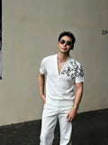 Wiaofellas  -  Summer Embroidered V-neck T-shirt for Men Cotton Short Sleeved Casual T-shirt Relaxed Beach Vacation T-shirts Men Clothing