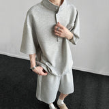 WIAOFELLAS  -  Korean Style Men's Two-piece Stand Collar Short Sleeved Button Design Solid Color T-shirts Drawstring Male Shorts