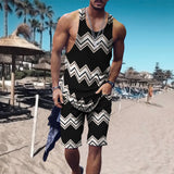 Wiaofellas  -    Minimalist striped men's tank top set, summer new beach volleyball pants