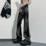 WIAOFELLAS  -  Street Trendy Asymmetric Tie Die Gradient Design Sense High End Slim Narrow Edition Jeans Zipper Button Pockets Straight Pants