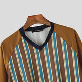 WIAOFELLAS  -  Men T Shirt Striped Patchwork V Neck Long Sleeve Male Tee Tops Korean Style Streetwear Loose Fashion Casual Men Clothing