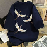Wiaofellas  -  Pure Cotton National Trend Crane Print Short-sleeved T-shirt Retro Loose Top