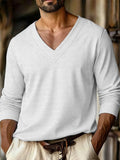 Wiaofellas  -  Autumn New Men's Plaid Pattern Jacquard Fabric V-neck Casual Sports Off-shoulder Sleeve Long-sleeved T-shirt