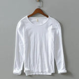 Wiaofellas  -  Japanese Style Loose Fit Long Sleeve Cotton T-Shirt Men's round Neck Thin Bamboo Rayon Worn in Solid Color Versatile plus Size