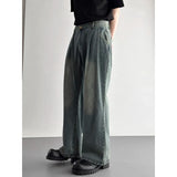 Wiaofellas  -  New American Retro Men Washed Denim Jeans Pleated Waist Loose Wide Leg Straight Trousers Casual Vintage Long Pants Daily Outfit
