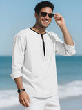 WIAOFELLAS  -  95% Linen Shirt Mens Patchwork Henry Collar Long Sleeved Pullover Top Spring Autumn Casual loose sports shirts Tee Streetwear