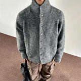 Wiaofellas  -  New Korean Fashion Button Hoodie Cardigan For Man Y2K Retro Brown Knitted Sweaters High Street Casual Cardigans Knitwear