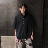 WIAOFELLAS  -  Fashion Men's Solid Color Button American Style T-shirt Trendy Stand Colar Short Sleeves Casual Top Male 2025 Summer