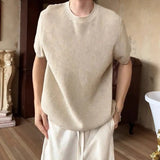 Wiaofellas  -  Men Light Luxury Knit O Neck Short-sleeved T Shirt Solid Color Leisure Streetwear Retro Knitwear Korean Popular Men's Clothing