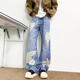 WIAOFELLAS  -  Autumn Men's Dove Of Peace Appliques Embroidered Jeans New Y2K Vintage Straight Baggy Denim Pants Washed Streetwear Blue Jean