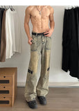 WIAOFELLAS  -  American Retro Jeans Mens Fashion Trendy Loose Wide Legs Bootcut Denim Pants Tall Man Yellow Mud Cowboy Trousers Streetwear