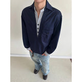 Wiaofellas  -  American Retro Old Money Style Contrasting V-neck Long-sleeved Shirt for Men Spring and Autumn Loose Fake Two-piece Shirt