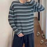 WIAOFELLAS  -  Men Striped T Shirt V Neck Long Sleeve Korean Style Male Tee Tops Streetwear Loose Fashion Casual Men Clothing S-5XL