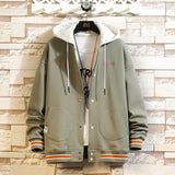 WIAOFELLAS  -  College Style Baseball Jacket Color Clash Hooded Jackets Embroidered Letters Design Men Outwear Loose Fit Sportswear