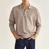 Wiaofellas  -  Men Long Sleeve Polo Shirt V Neck Button Up Casual Autumn Basic Solid Color Knitwear Tops For Men