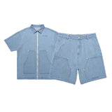 Wiaofellas  - New Summer Diamond Washed Denim Zippered Shirt Set Mens Wide Leg Pockets Baggy Summer Jeans Shorts Straight Casual Short