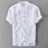WIAOFELLAS  -  Mens Pullover Linen Shirts Short Sleeve Mens Quality Casual Shirts Slim fit Solid Mandarin Collar Cotton Shirts Men TS-155