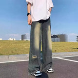Wiaofellas  -  Men Hip Hop Ripped Hole Jeans Korean Casual Pants High Street Straight Loose Wide Leg Jeans Vintage Blue Baggy Jeans