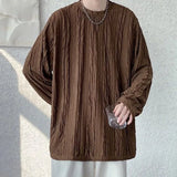WIAOFELLAS  -  Japanese Style Long Sleeved T-shirt Spring Autumn Men's Textured Round Neck Pullover Sweatshirts Youth Foam Pleated Loose Top