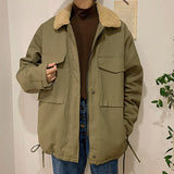 Wiaofellas  -  Lamb Fur Lined Thiened Cotton Jaet Men's Winter Casual Loose Fit Faionable Warm Workwear Sle Zipper Closure Pure Color