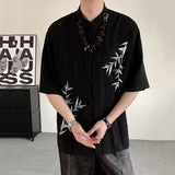 WIAOFELLAS  -  New Chinese Style Men's Shirts Stand Collar Bamboo Embroidery Contrast Color Single Breasted Short Sleeve Male Tops