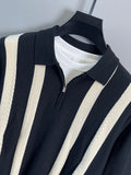 Wiaofellas  -  Vintage Striped Patchwork Polo Sweaters Men Spring Daily Casual Long Sleeve Zip-up Lapel Sweater Fashion Mens Knitted Jumper Top