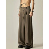 Wiaofellas  -  American Retro Brown Casual Drapey Wide Leg Pants Loose Fit Design Sense Straight Cut Long Trousers Polyester Fabric