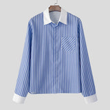 WIAOFELLAS  -  Men Shirt Striped Patchwork Lapel Long Sleeve Pockets Men Clothing Streetwear Loose Fashion Casual Tops Male Shirts