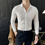 WIAOFELLAS  -  Sexy Men's Mesh See Through Fishnet Lace Shirts Long Sleeved Slim Fit Transparent Shirt for Men Nightclub Prom Camisa Masculina
