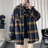 Wiaofellas  -  Autumn Oversized Long Sleeved Shirt Men Fashion Retro Plaid Shirt Men Streetwear Korean Loose Casual Shirts Mens Large Size 5XL