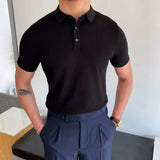 WIAOFELLAS  -  Spring Summer New Men's Knitted Polo Shirt Striped Casual Slim Tees Men Lapel Business Pullover Polo Short Sleeve Tops Clothing