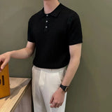 Wiaofellas  -  American Style Knitted Short Sleeve Polo Shirt Men's Slim Fit Casual Versatile Elastic T-Shirt Casual Wear Polyester Fiber