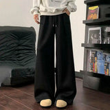 WIAOFELLAS  -  Koreann Style Men Sweatpants Casual Solid Color Drawstring Straight Fleece Bottom Elastic Waist Wide Leg Male Pants