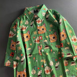 Wiaofellas  -  New Summer Graffiti Cartoon Cat INS Retro Short Sleeve Floral Shirt Hawaiian Beach Coast Outerwear Breathable Polyester Casual