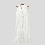 WIAOFELLAS  -  Men Long Style Shirt Lace Patchwork Lapel Sleeveless Men Clothing Lace Up See Through Sexy Streetwear Tops Male Shirts