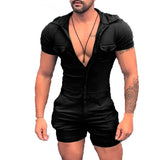 Wiaofellas  -  Men's Solid Color Hooded Bodysuit Zip Shorts One Piece Set