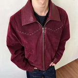 WIAOFELLAS  -  High Street Men's Coats Turn-down Collar PU Leather Patchwork Metal Rivets Zipper Solid Color Casual Male Jackets