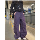 Wiaofellas  -  Unisex Vintage Purple Cargo Pants Multi Pockets Metal Rivet Loose Curved Wide Leg Baggy Trousers Y2K Streetwear Casual Denim
