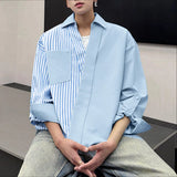 WIAOFELLAS  -  Men Shirt Striped Patchwork Lapel Long Sleeve Men Clothing Streetwear Korean Style Fashion Oversize Shirts Casual Tops