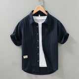 Wiaofellas  -  Summer New Men's Short Sleeve Shirt Small Stand Collar Retro Casual Loose Half Sleeve Shirt Trendy Polyester Fiber Iron Free