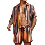 Wiaofellas  -  Summer Two Piece Mens Striped Printed Sets Short Sleeve Lapel Shirts And Shorts Suits Men Streetwear Casual Outfits Male Clothes