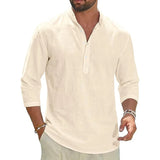 Wiaofellas  -  Retro Mens Loose Breathable Half Sleeve Tops Summer Casual Solid Color Pullover Men Daily Leisure Stand Collar Button-up Shirts