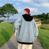 Wiaofellas  -  Washed Gradient Denim Jacket Street Style Gothic Letters Men's Women's Casual Jacket Autumn Winter Spring Trendy Outerwear