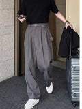 WIAOFELLAS  -  Casual ay Draped Wide Leg Men's Summer Pants Thin Straight Loose Fit Belted Suit Trousers Long Casual Youth Faion