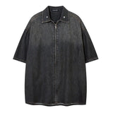 Wiaofellas  -  Vintage Jeans Shirts Short Sleeves Men Hip Hop Gradient Streetwear Button Up Blouse