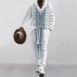 Wiaofellas  -  Men's American Retro Technology Printing Conventional Fabric Loose V-neck Casual Long Sleeve Pants Men's Wear