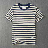 WIAOFELLAS  -  May Khaki heavy round neck cotton T-shirt American retro striped short sleeve T-shirt men's fashion