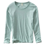 Wiaofellas  -  Japanese Style Loose Fit Long Sleeve Cotton T-Shirt Men's round Neck Thin Bamboo Rayon Worn in Solid Color Versatile plus Size