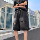 WIAOFELLAS  -  Vintage Summer Men's Hole Burr Edge Gradient Denim Shorts Fashion High-waisted Wide Leg Straight Short Pants Male